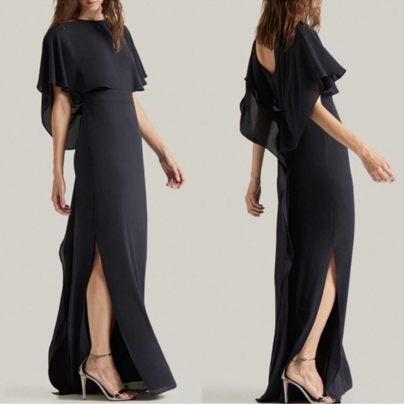 Halston Heritage Drape Back Cape Sleeve Ruffle Slit Navy Gown Maxi Dress 8 - Picture 3 of 13